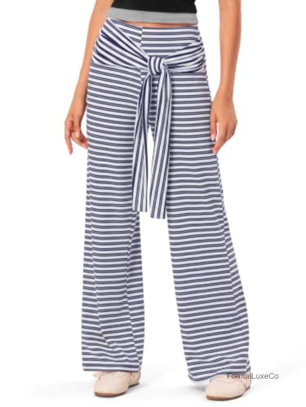 Women's Wide Leg Striped High Rise Pull On Trousers with Self-Tie Waist